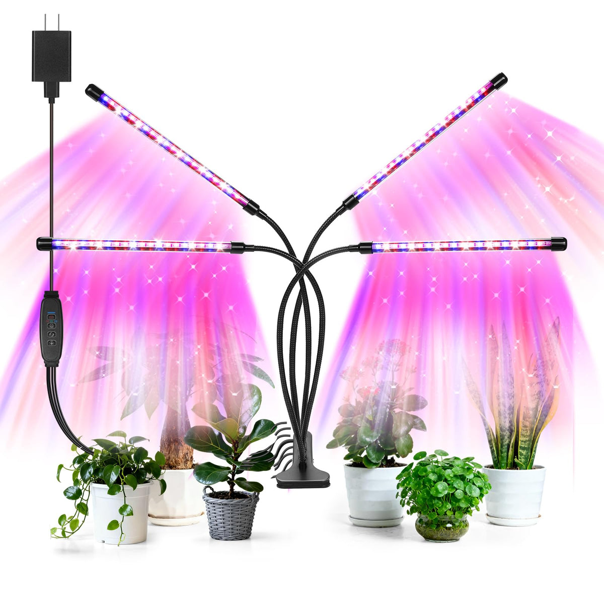 AURAZIGLI 4-head LED grow light illuminating indoor plants for steady growth