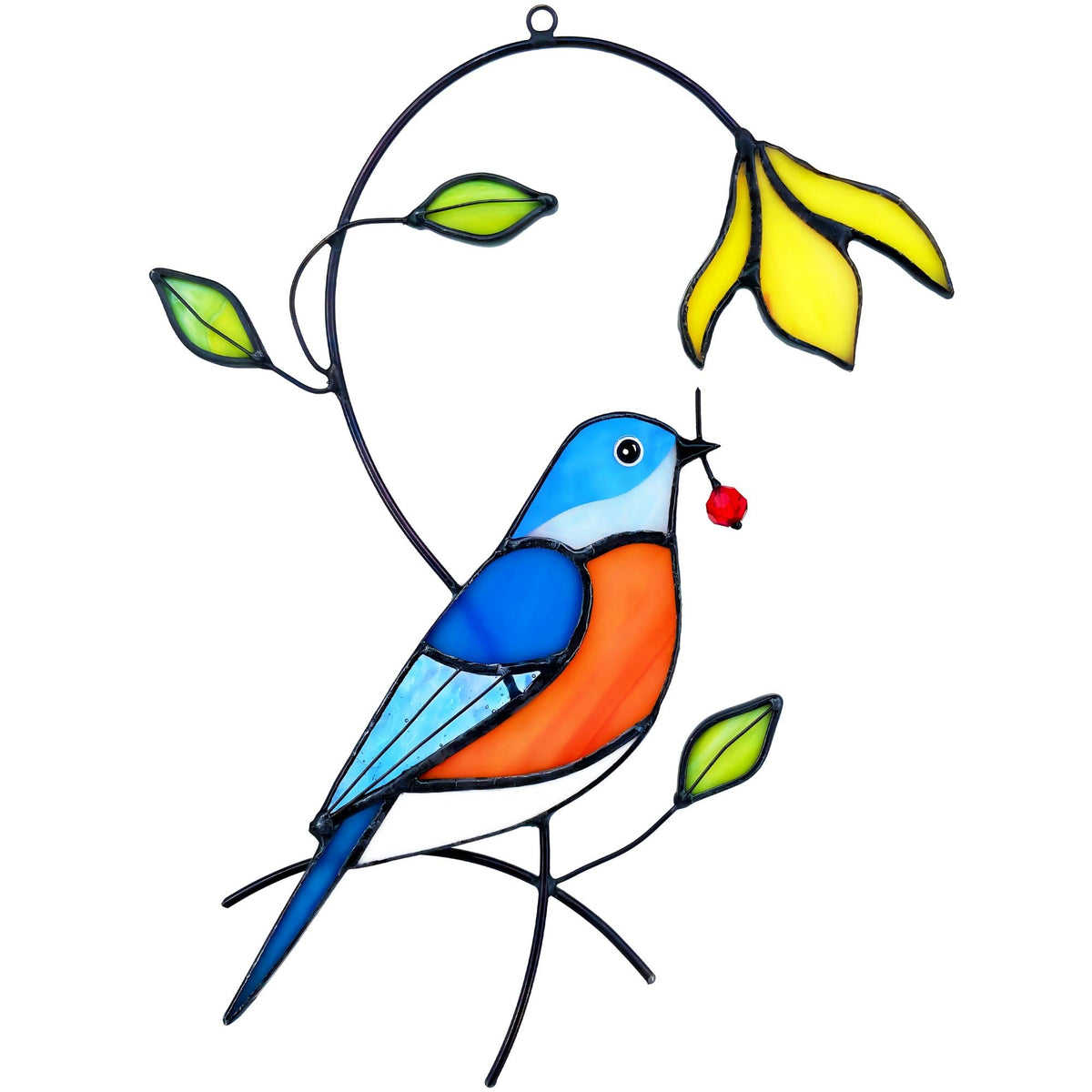 AuroAura bluebird flower stained glass window hanging shows vibrant color in sunlit windows.