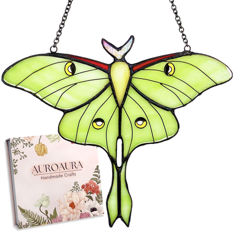 AuroAura Green Luna Moth stained glass window hanging creates rainbow prisms in sunlight.