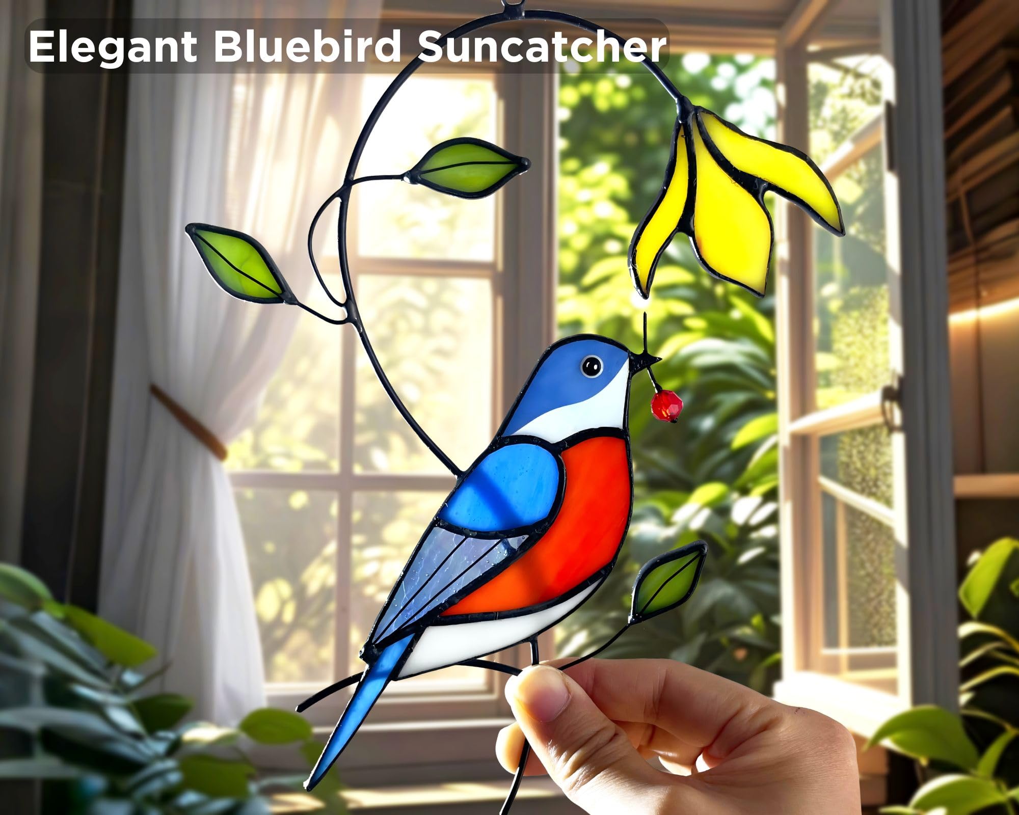 AuroAura stained glass bluebird detail highlights copper foil craftsmanship and rich hues.