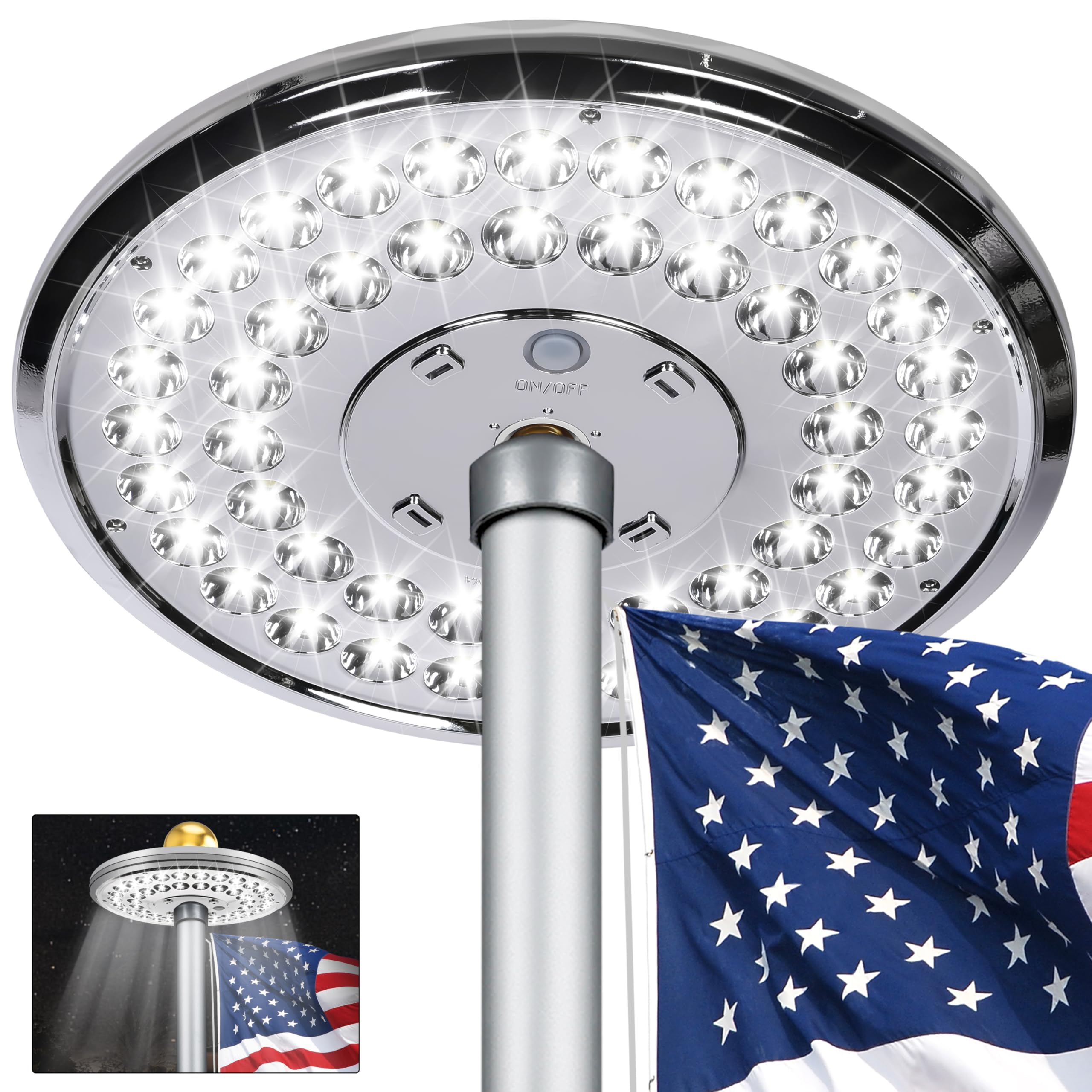 Aurolit Auro 4 silver flagpole light topper illuminates flags at night with aurora-like glow