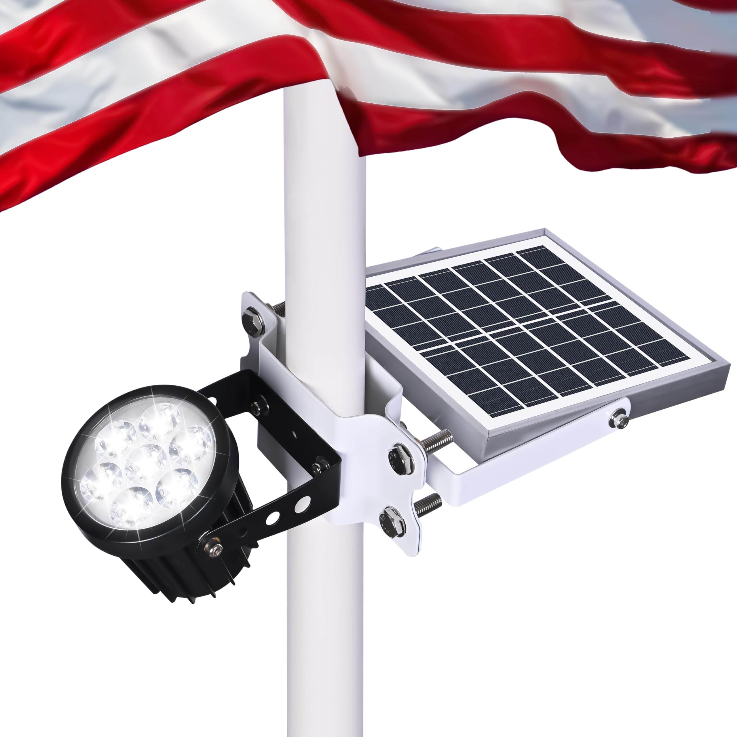 Aurolit Auro 7 flagpole light glowing at dusk for enhanced flag visibility.