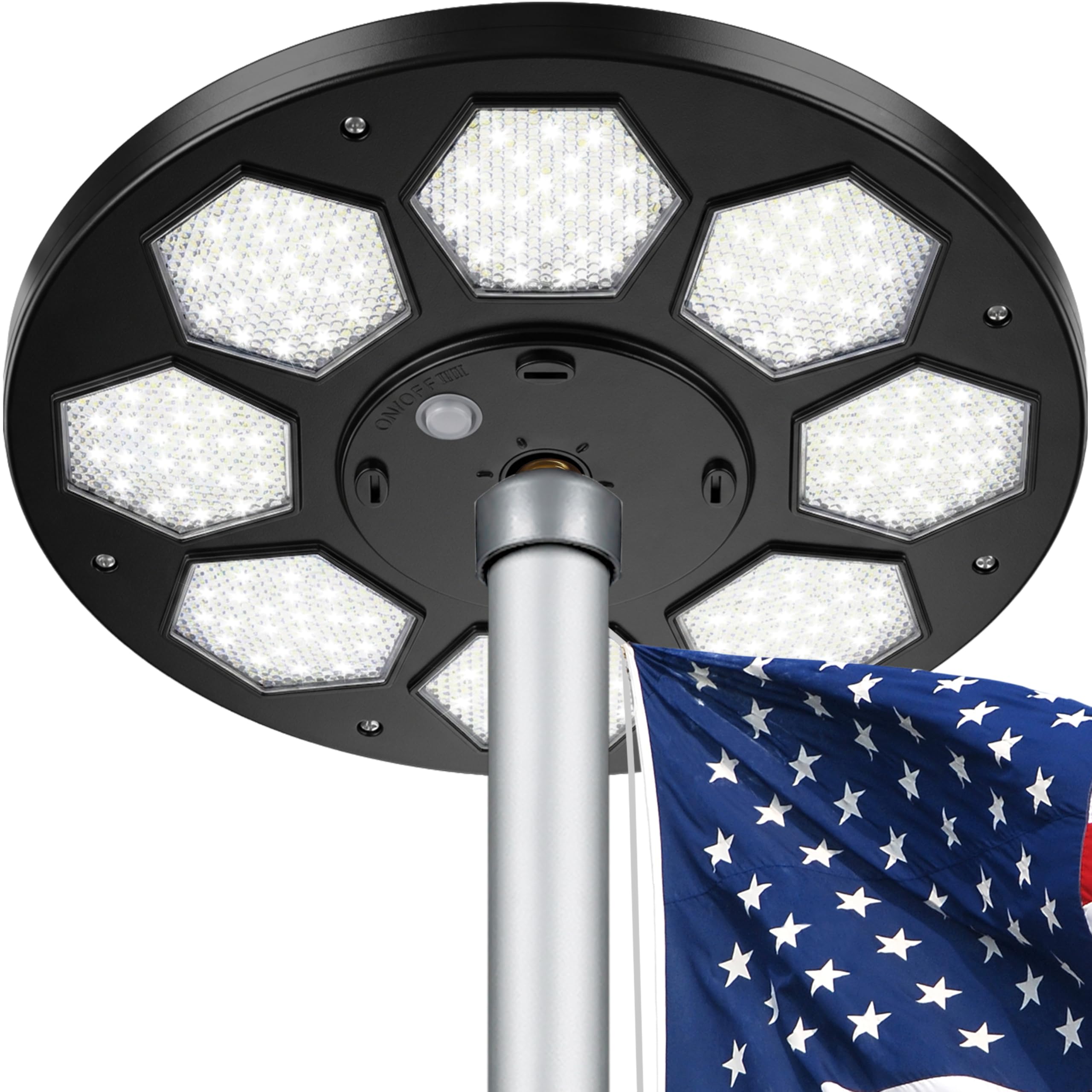 Aurolit 160-LED flagpole light with aurora glow for yards.