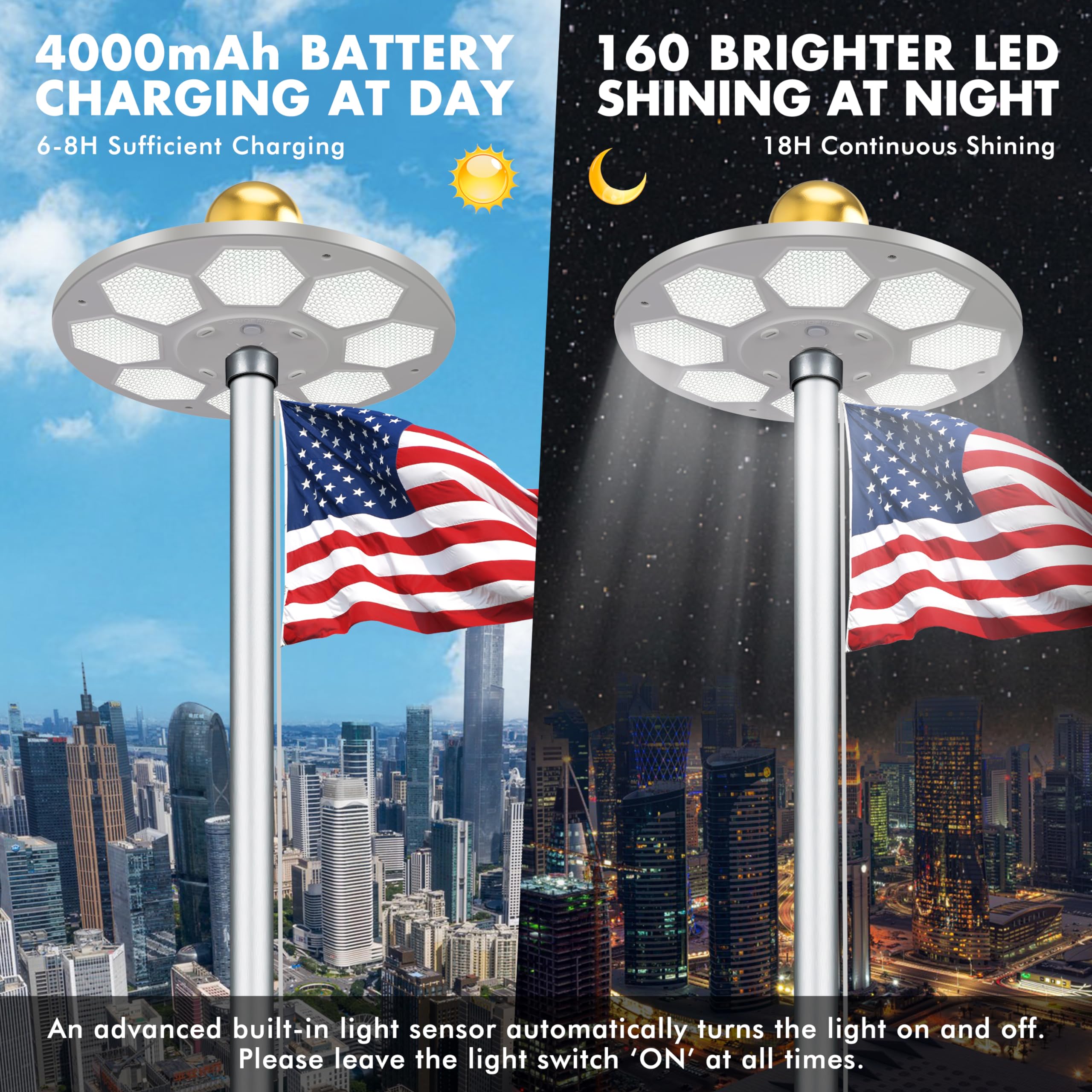 Dusk-to-dawn performance of Aurolit flagpole light at night