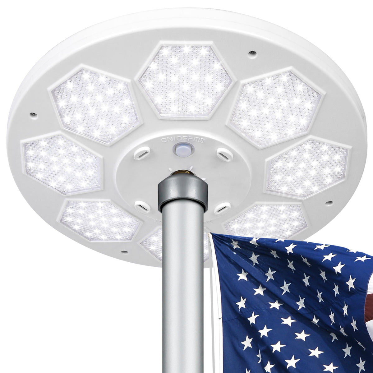 Aurolit flagpole light front view with aurora-inspired glow
