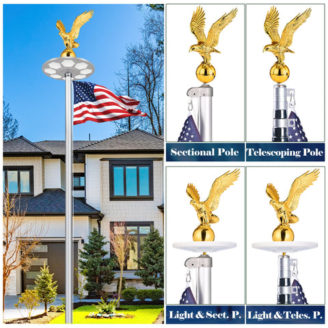 Aurolit eagle topper kit compatible with solar flagpole lights for night visibility.