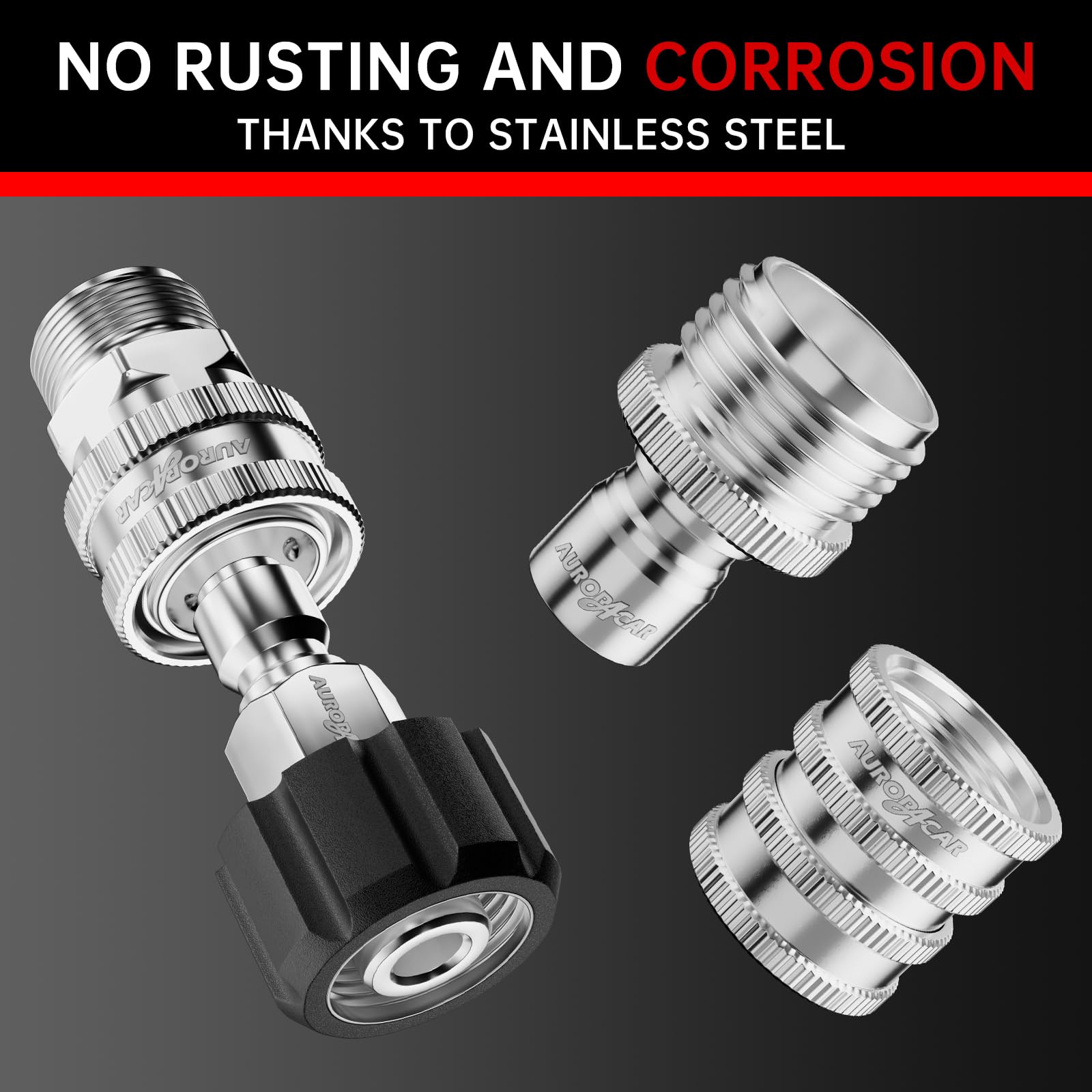 Aurora Car half-inch plug to three-quarter inch male connection facilitates easy adapter setups.