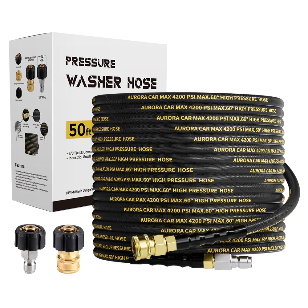 AURORA CAR 50ft pressure hose offers extended reach for thorough outdoor cleaning.