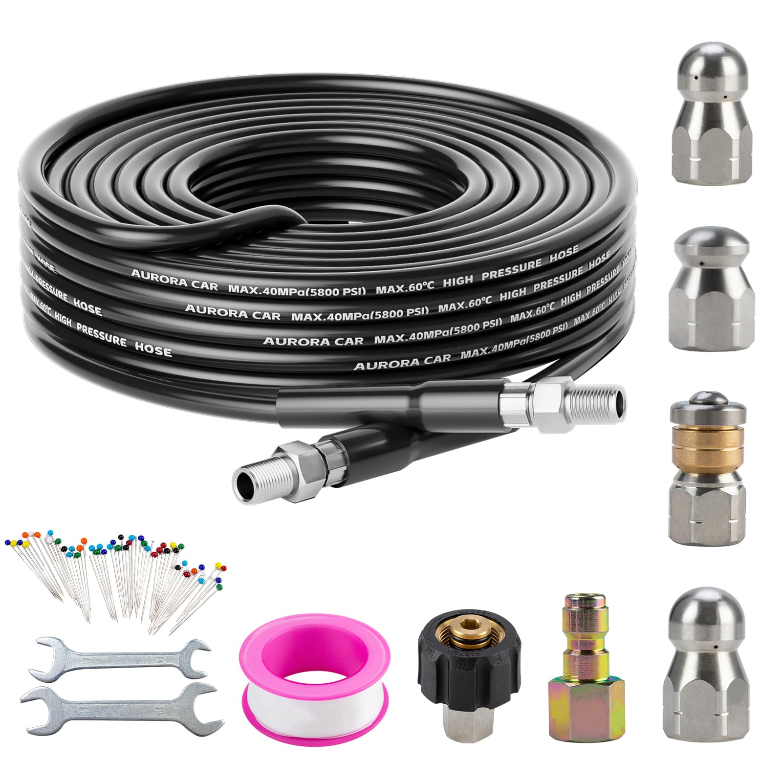 AURORA CAR sewer jetter kit with 30ft hose ready for powerful drain cleaning.