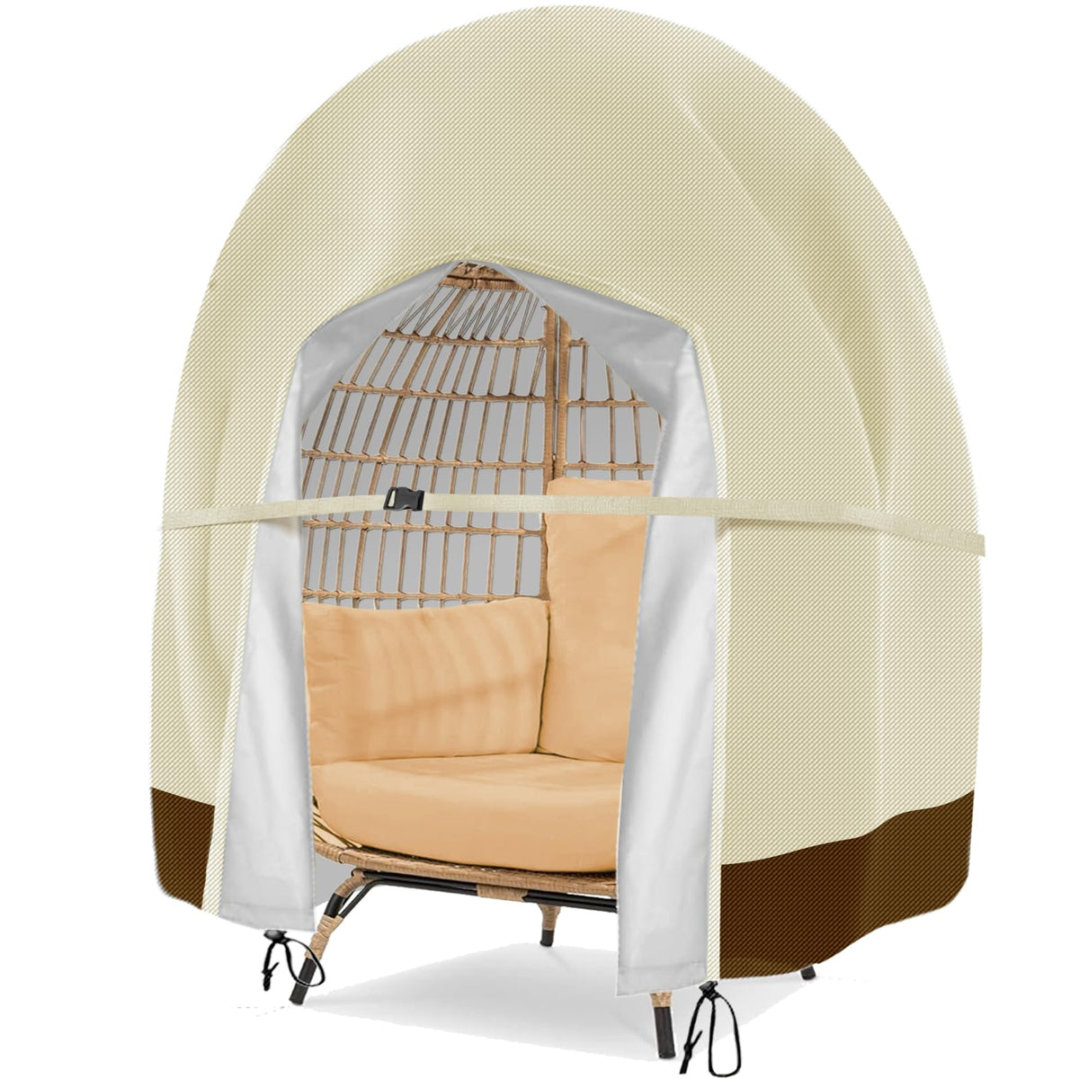Aurragiy patio egg chair cover front view protects double wicker chair from rain.