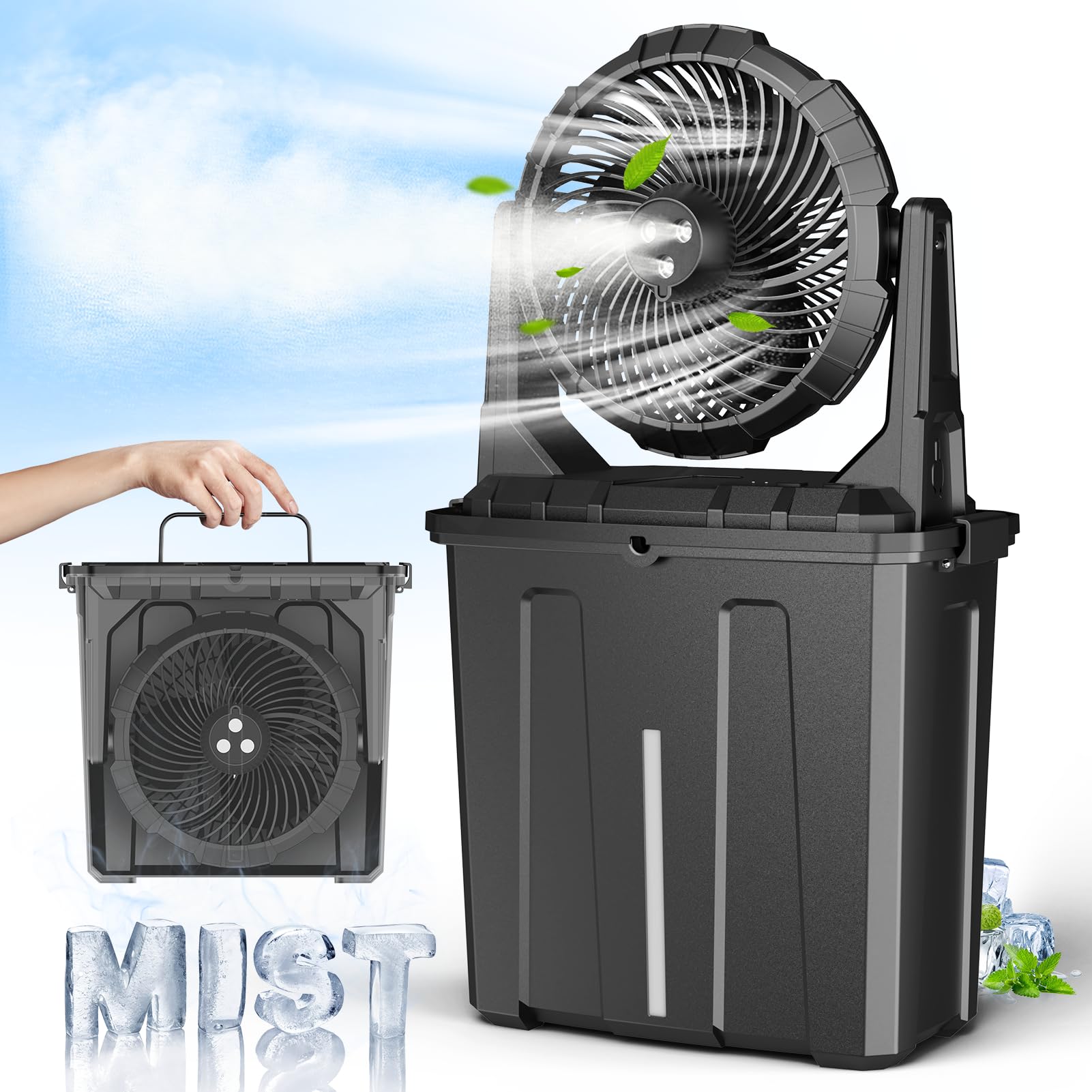 Ausic 9L bucket misting fan front view for portable outdoor cooling.