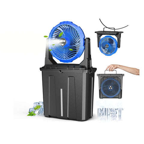 Ausic 9L bucket misting fan setup for portable outdoor cooling on patios and camps.