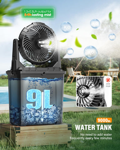 Ausic 9L bucket misting fan side view showing compact travel-friendly design.