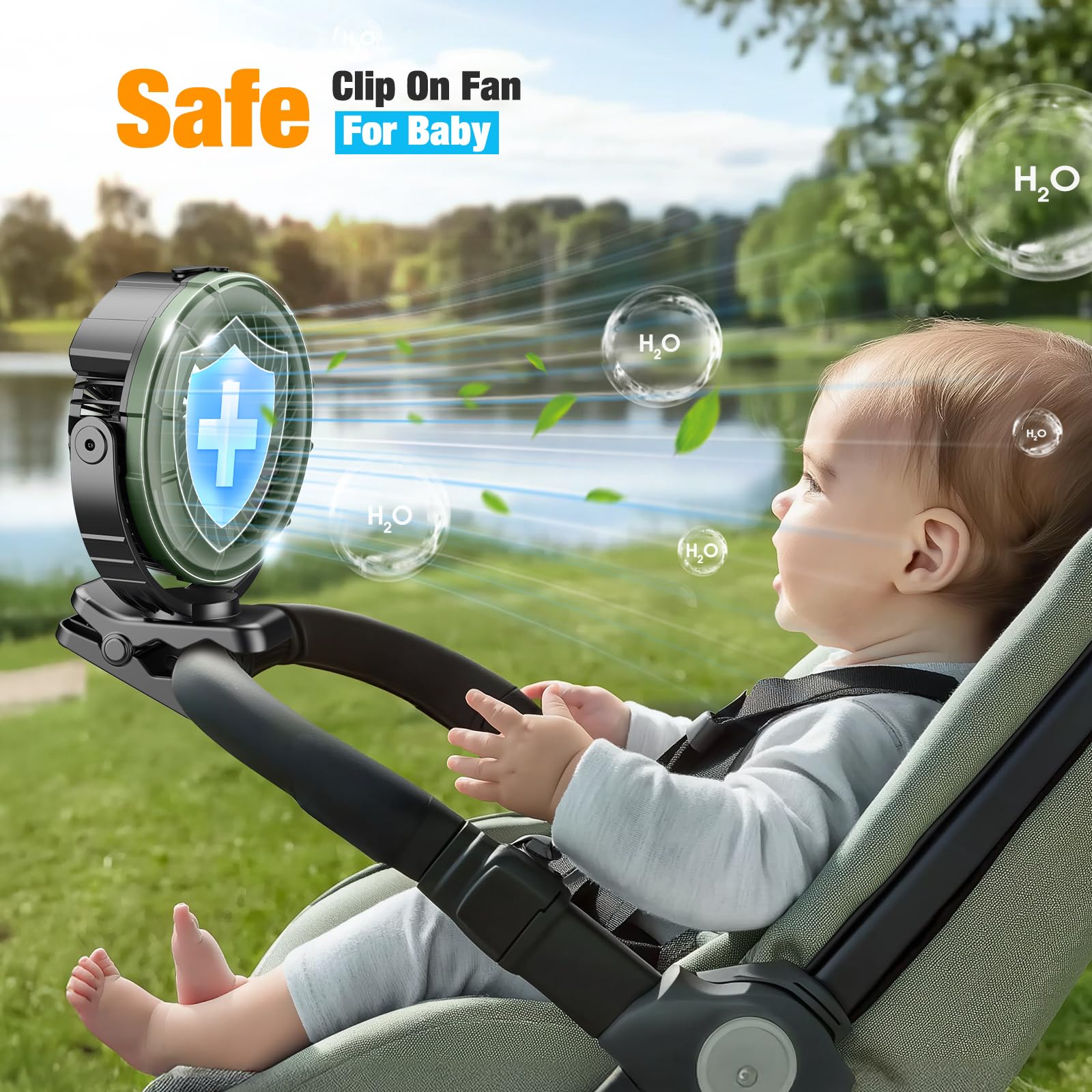 Ausic misting clip-on fan rotates 360 degrees for directional cooling.