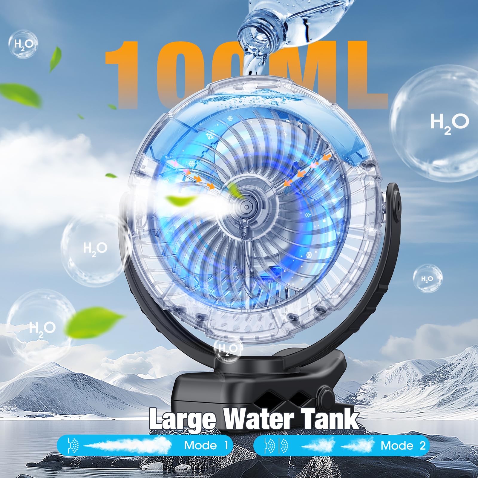 Ausic misting clip-on fan spraying mist from 100ml tank outdoors.