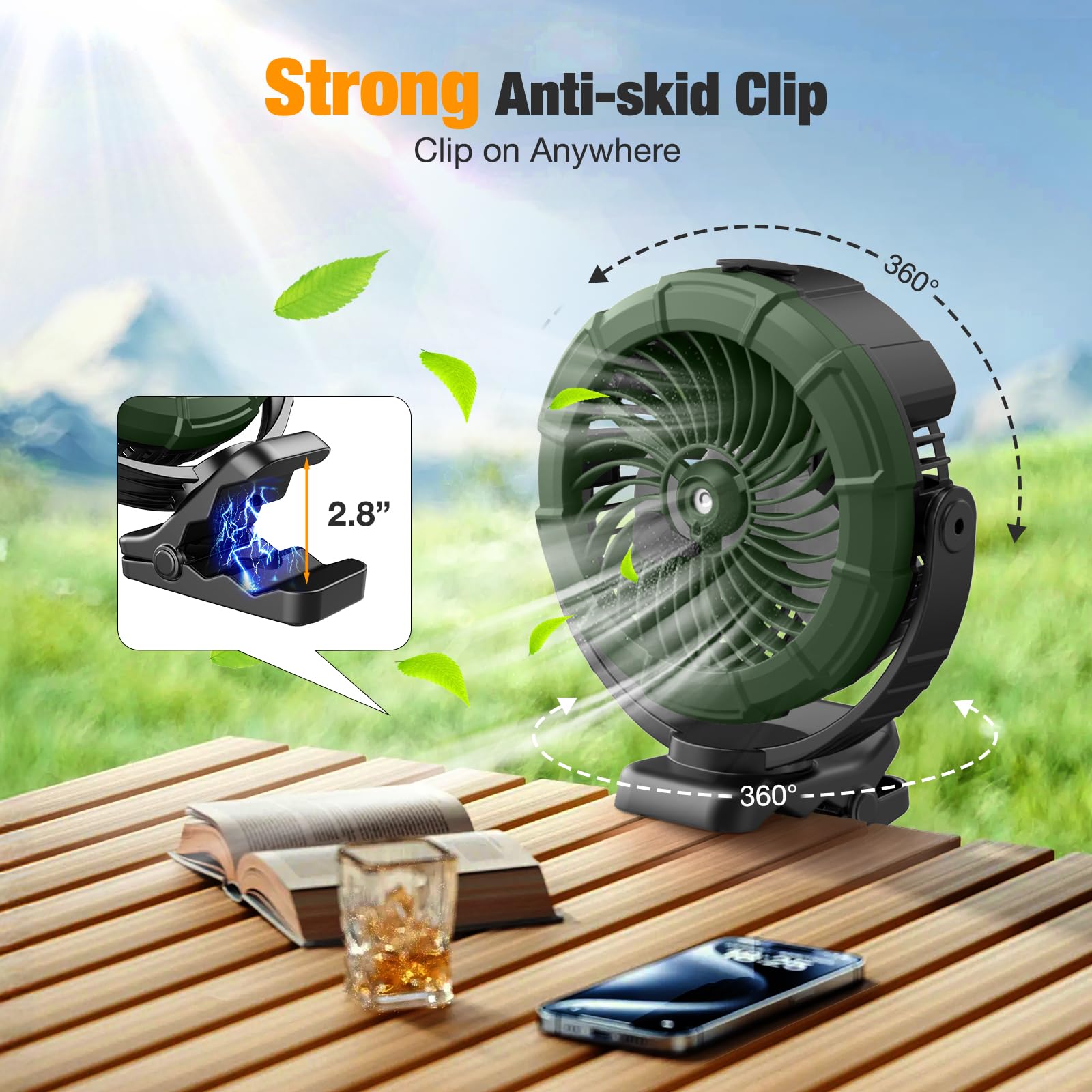 Ausic misting clip-on fan sturdy clip attaches to stroller or table.