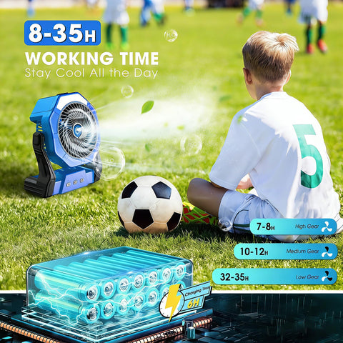 Ausic misting fan 8-inch spray mode demonstrates intermittent and continuous cooling options