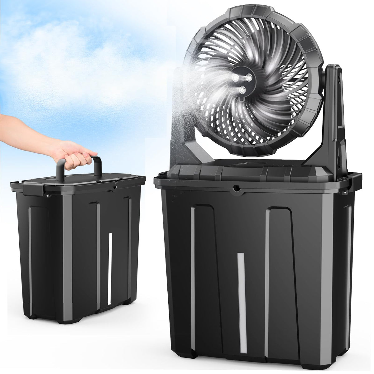 Ausic misting fan with 9L bucket for portable outdoor cooling and storage.