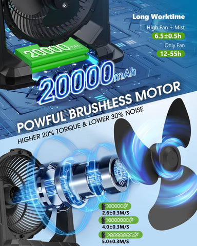 Ausic Misting Fan brushless motor ensures quiet operation during outdoor activities.