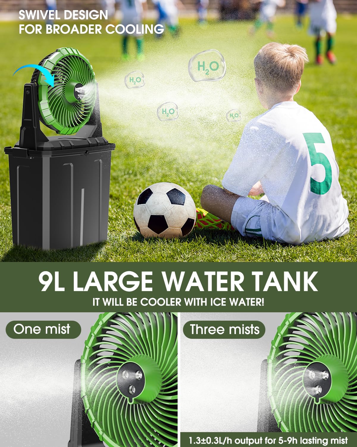 Ausic Misting Fan dual water tank pumps mist evenly for long-lasting relief.