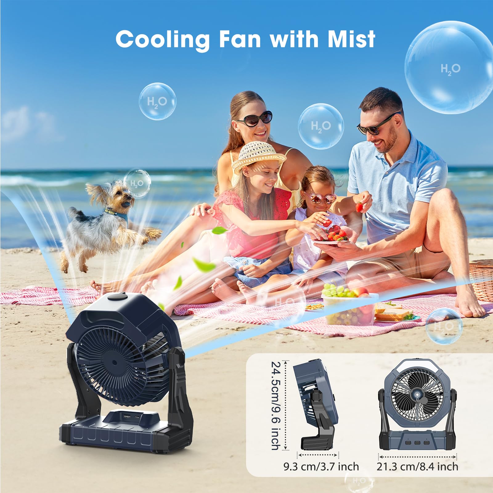 Ausic misting fan built-in hook for tents or cars.