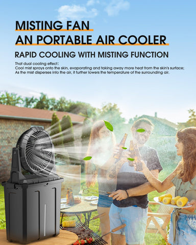 Ausic misting fan showing three-nozzle misting for group cooling.