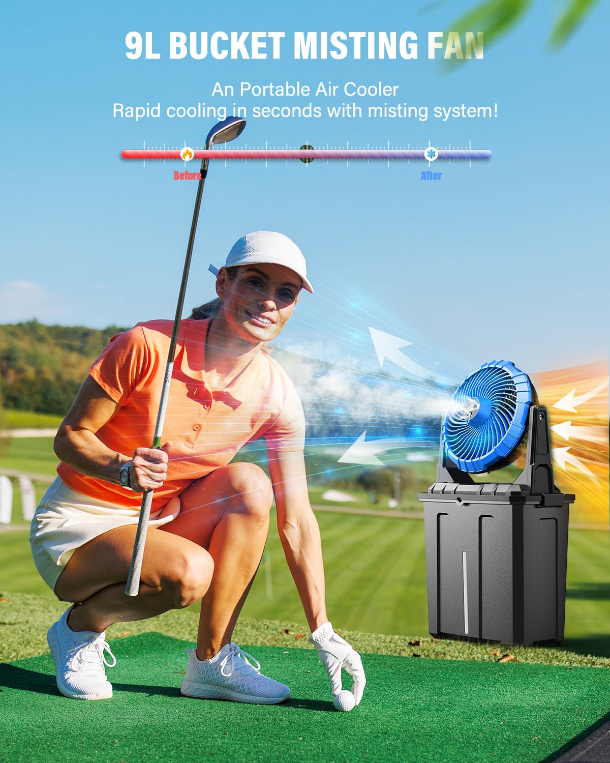 Ausic misting fan with 20,000mAh battery powering long-lasting breeze