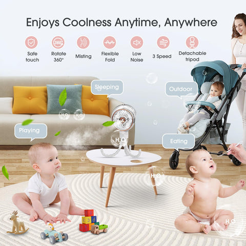 Ausic outdoor misting fan keeps baby cool on sunny outings.