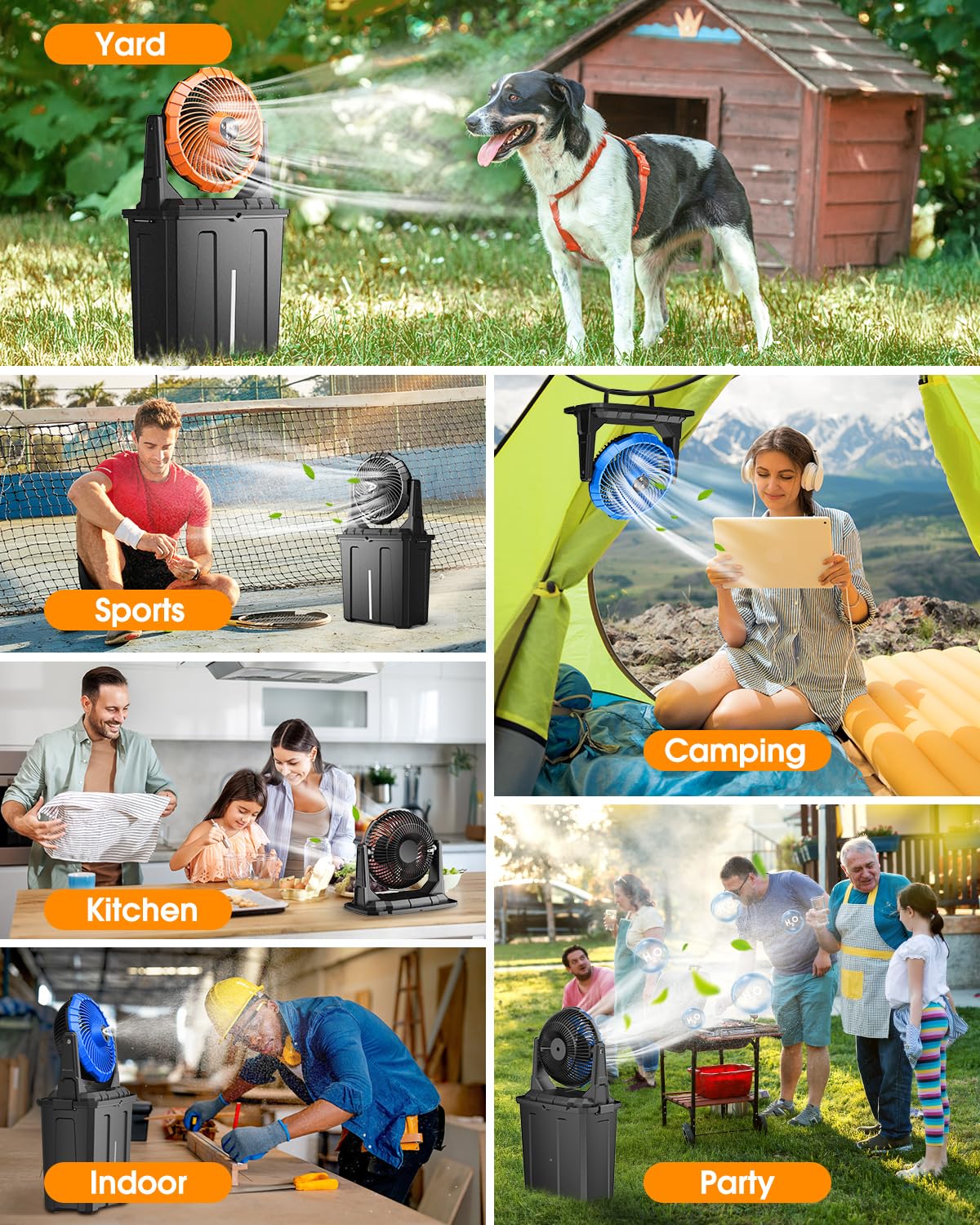 Ausic misting fan cools patios, gardens, and open spaces.