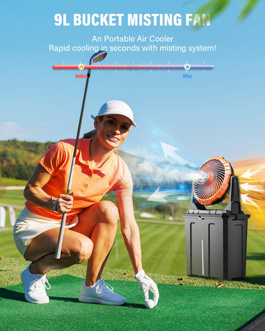 Ausic portable fan with bucket storage for easy setup.