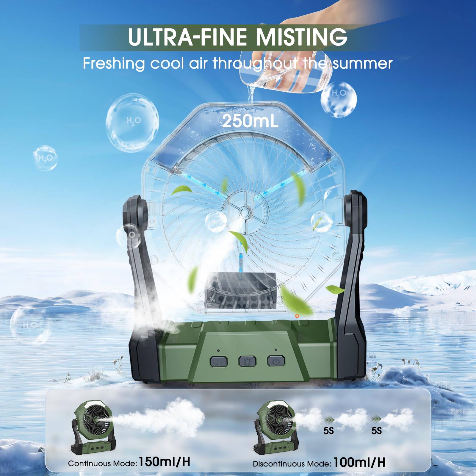 Ausic misting fan with 250ml tank showing extended cooling capability
