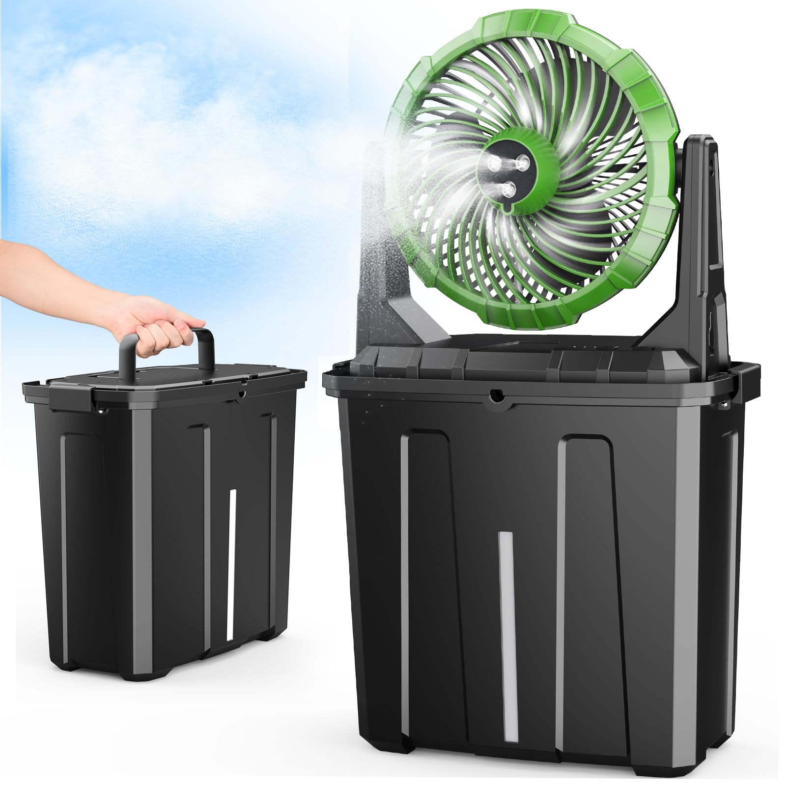 Ausic portable misting fan bucket 9L showing portable cooling for outdoor use