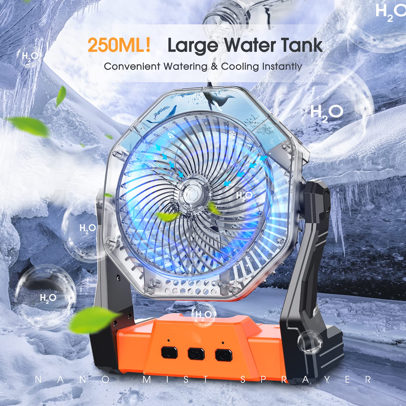 Ausic misting fan with LED light provides bright lantern for nighttime camping.