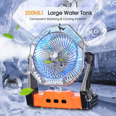 Ausic misting fan with LED light provides bright lantern for nighttime camping.