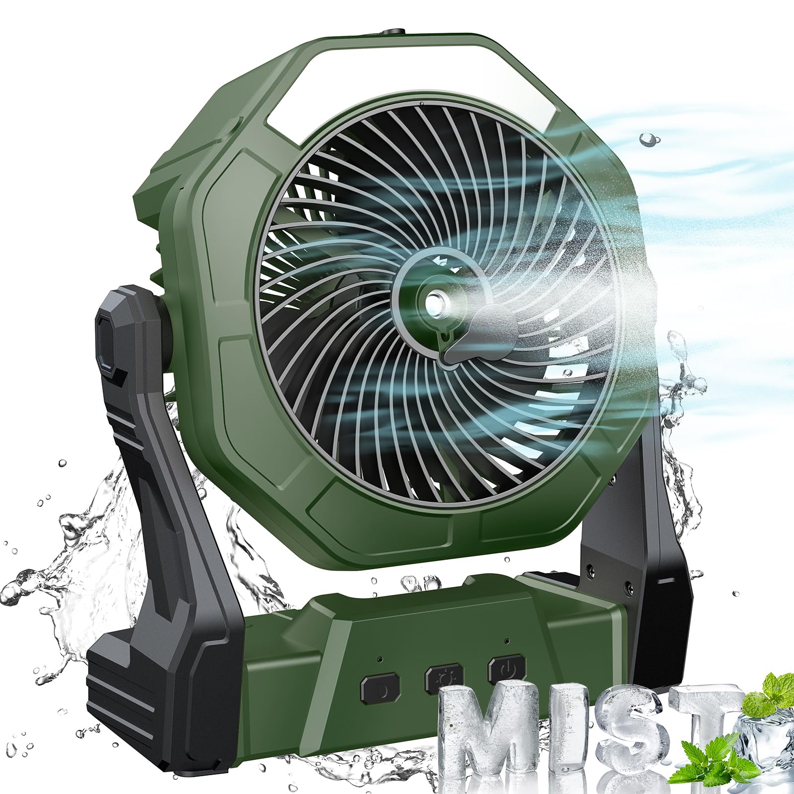 Ausic portable misting fan outdoors providing refreshing cooling with mist.