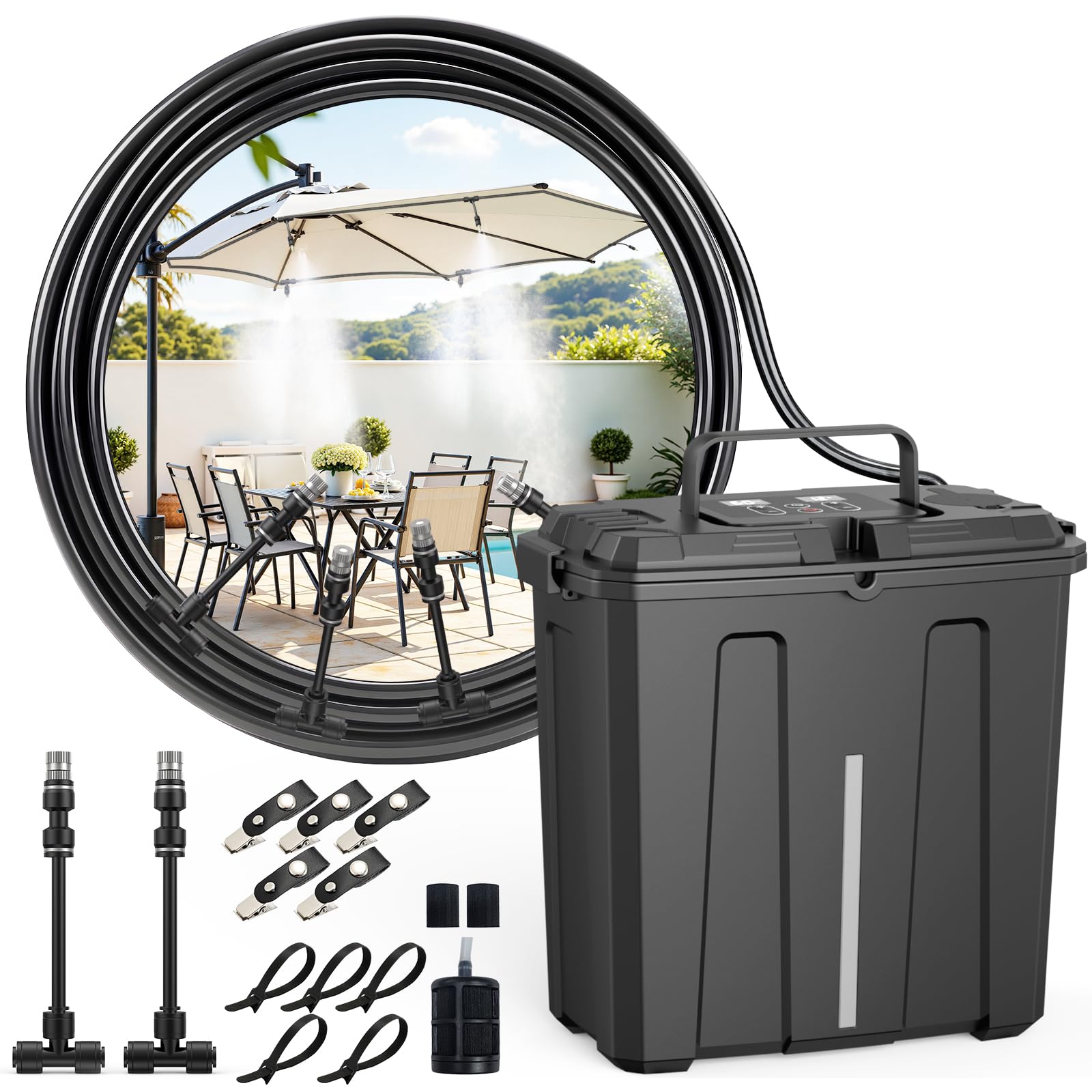 Ausic portable misting system with bucket and pump for on-the-go cooling.