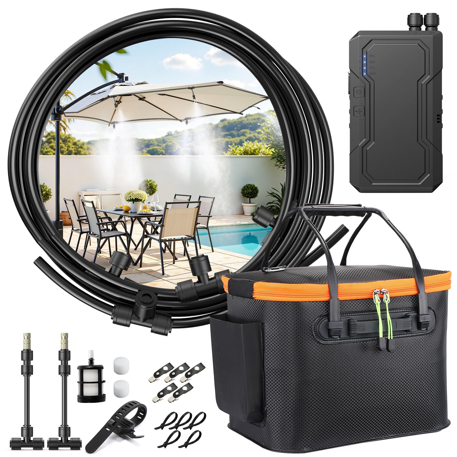 Ausic portable misting system pump powering outdoor cooling.
