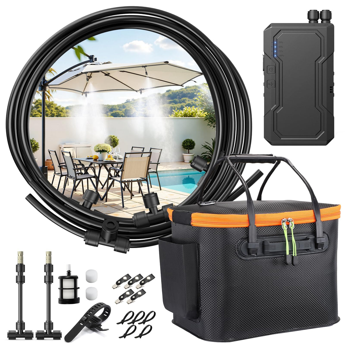 Ausic portable misting system pump powering outdoor cooling.