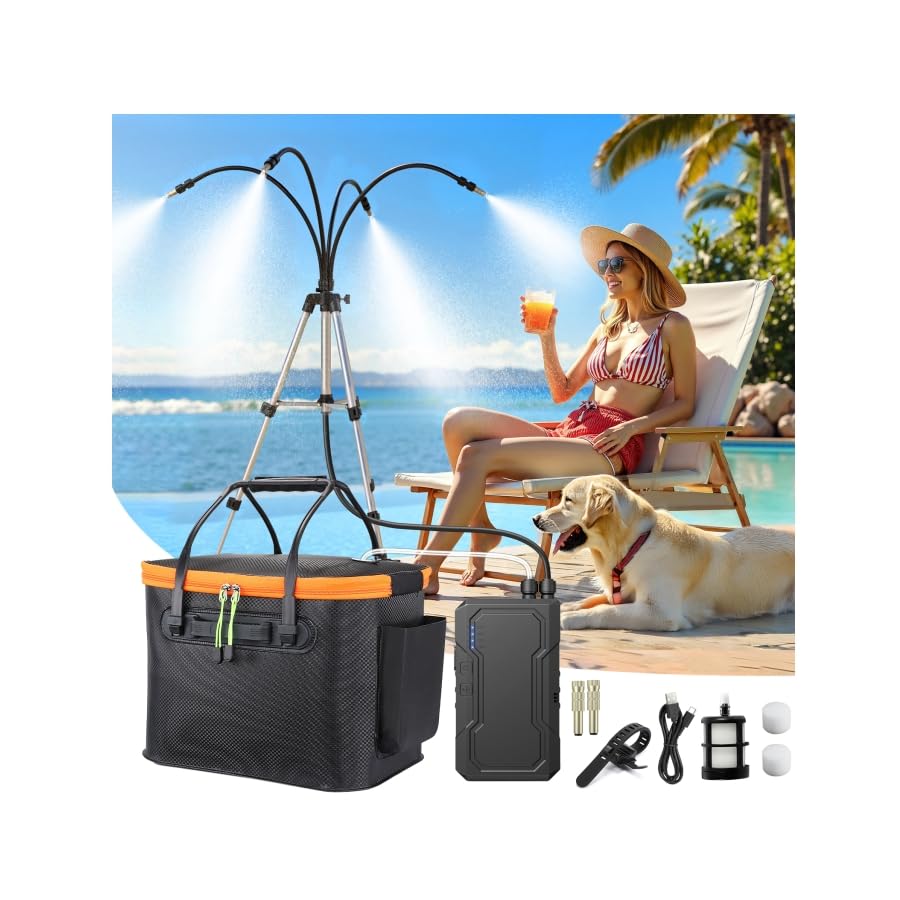 Ausic portable misting system on a stand cools an outdoor space efficiently