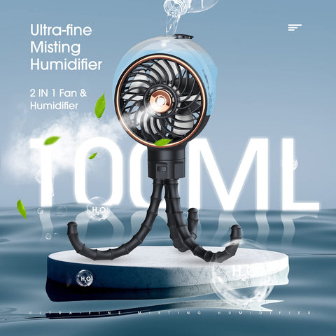Ausic Stroller Fan 100ml water tank emphasizes longer misting for outdoor comfort.