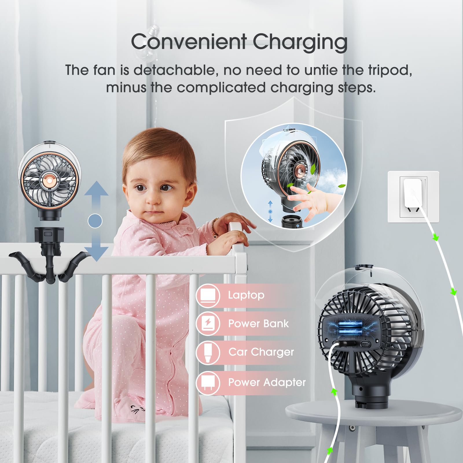 Ausic Stroller Fan with detachable tripod highlights durable metal mounting.