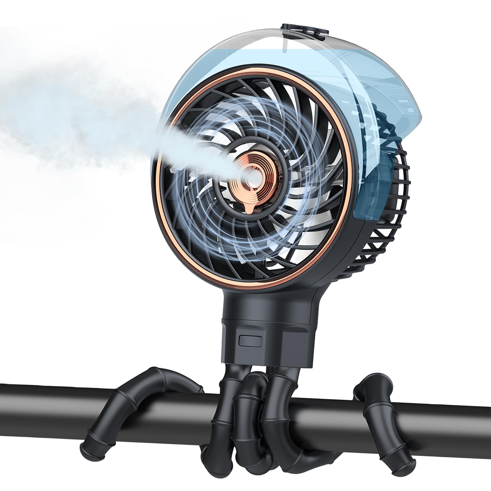 Ausic Stroller Fan with Mist shows mist-breeze-assembly for cooling on the move.