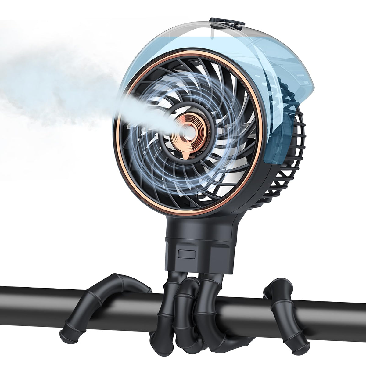 Ausic Stroller Fan with Mist shows mist-breeze-assembly for cooling on the move.