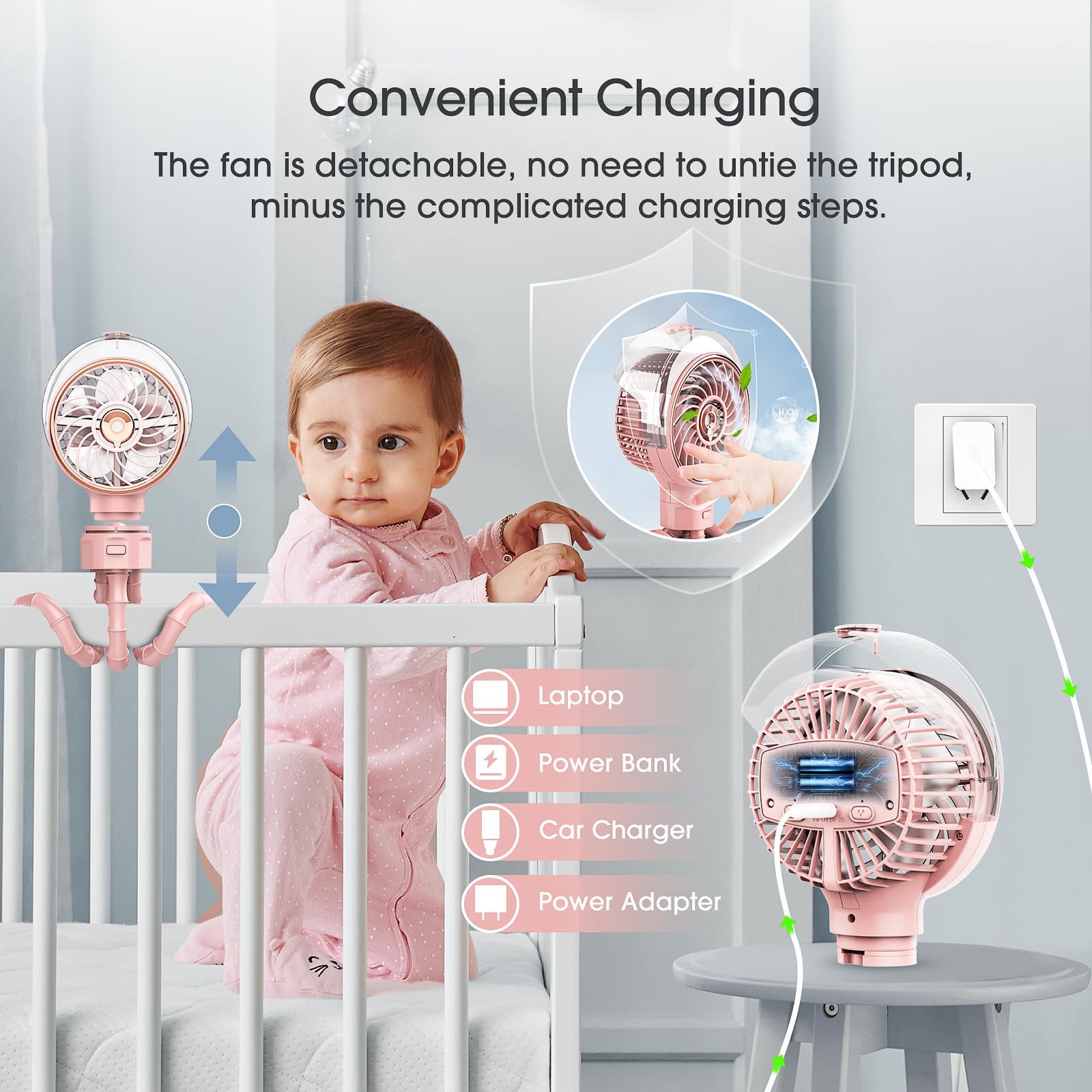 Ausic stroller fan mist settings intermittent and continuous provide adjustable cooling