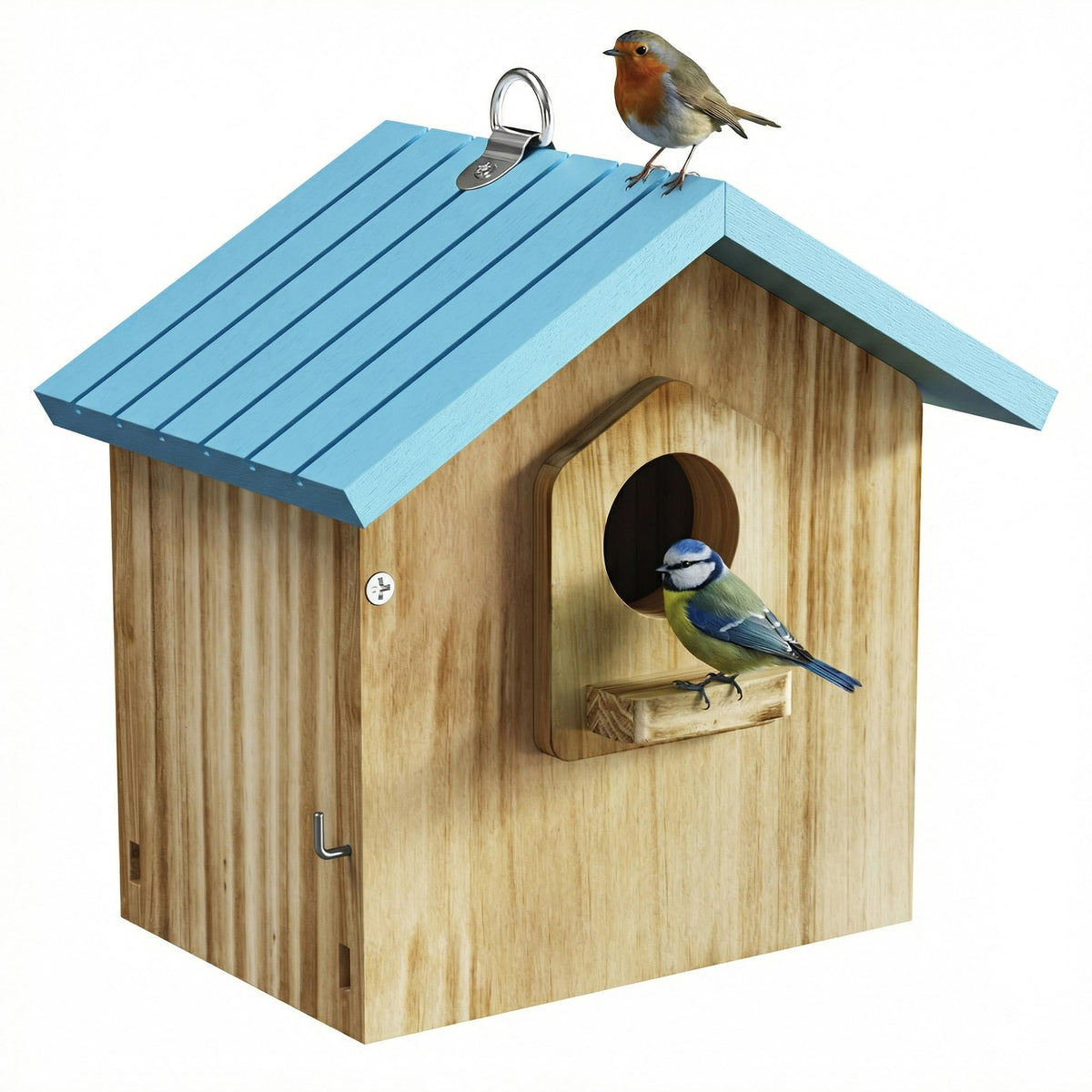 Auslar bird house with blue roof offers a weather-ready outdoor nesting space