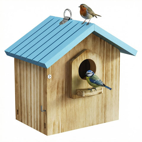 Auslar bird house with blue roof offers a weather-ready outdoor nesting space