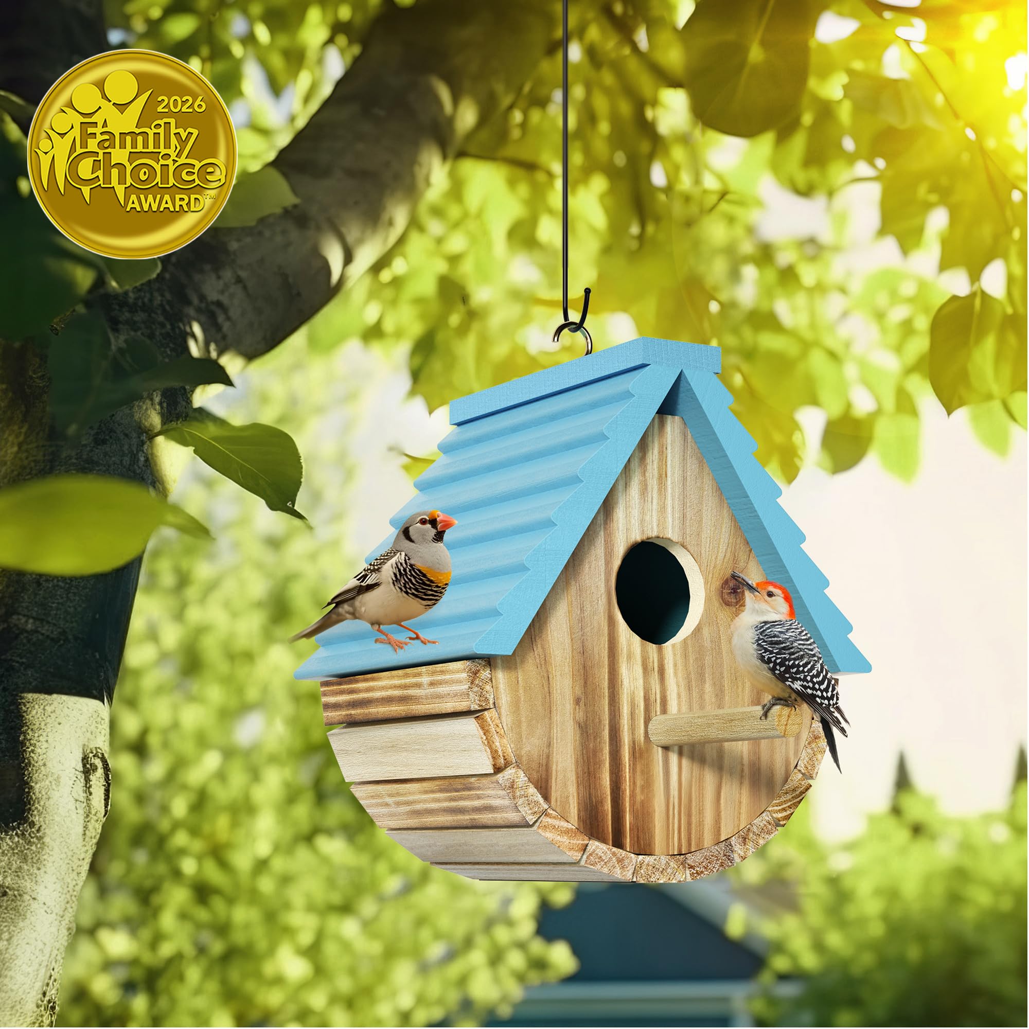 Auslar cedar wood bird house close-up showing durable exterior.