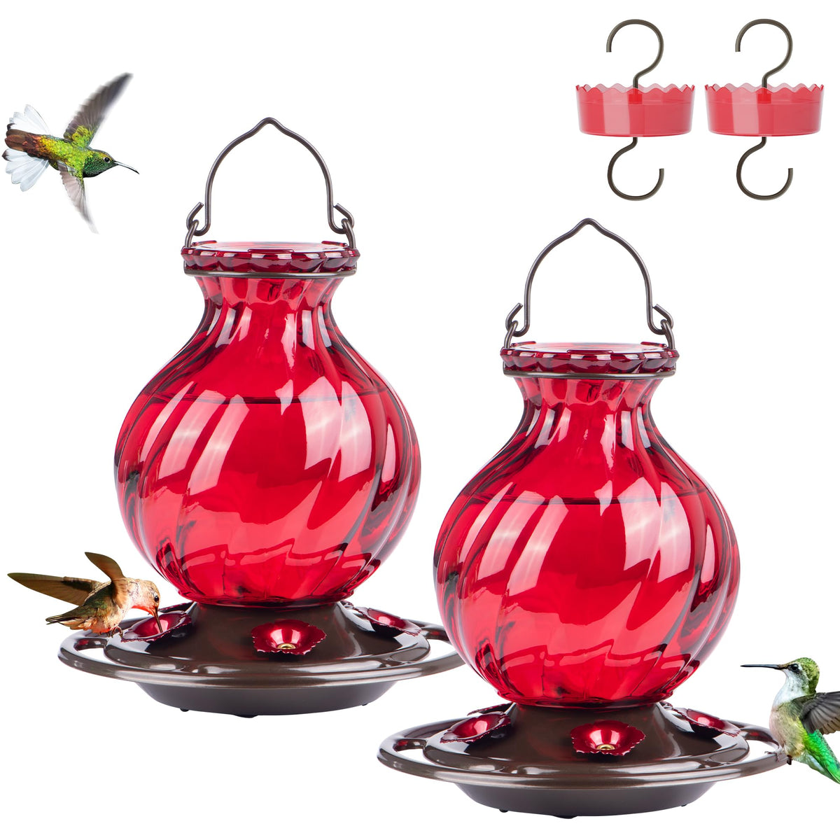 Auslar 26oz glass hummingbird feeder shows nectar level clearly.