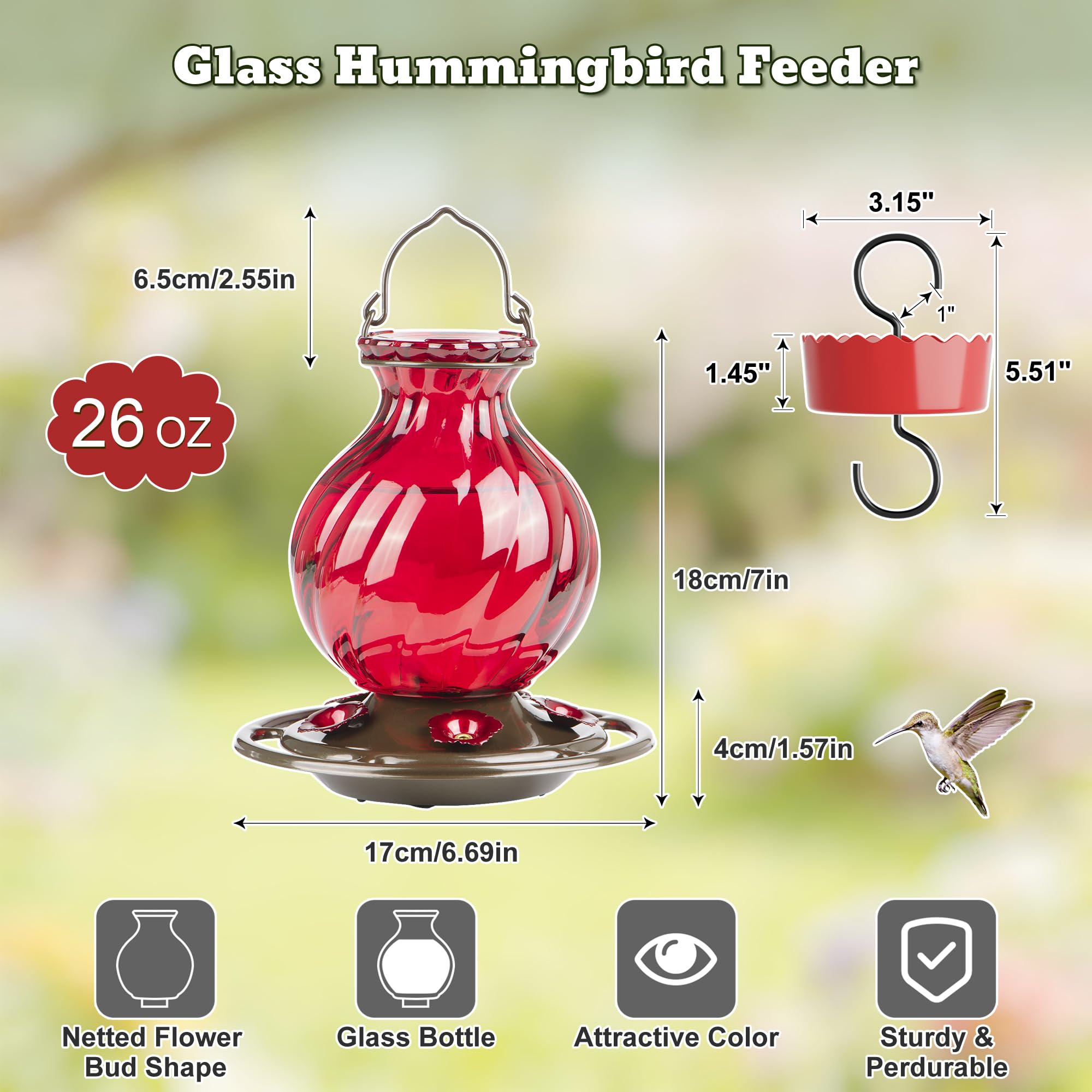 Auslar feeder has five red flower ports inviting hummingbirds