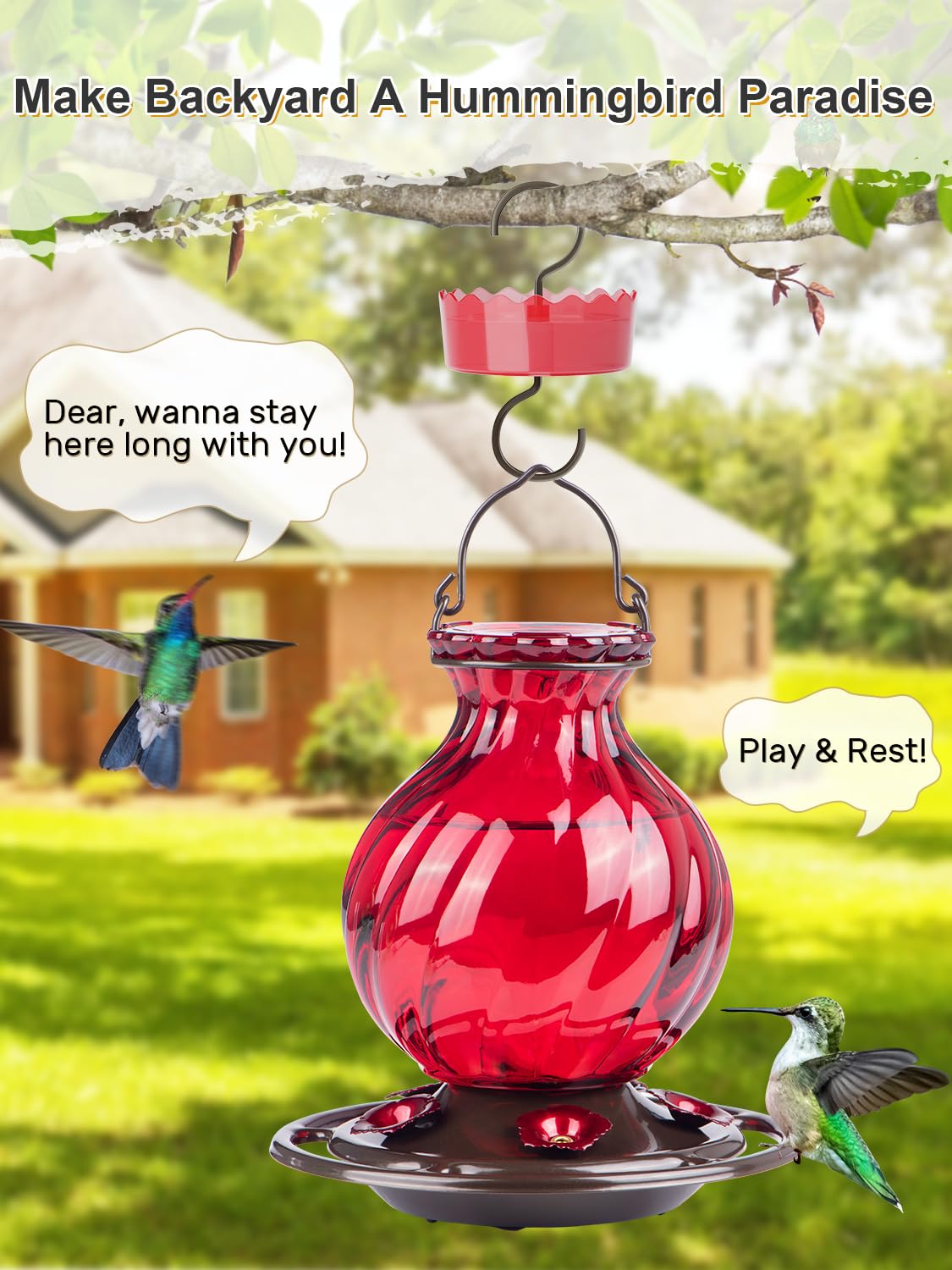Auslar feeder features an ant moat to protect nectar outdoors.